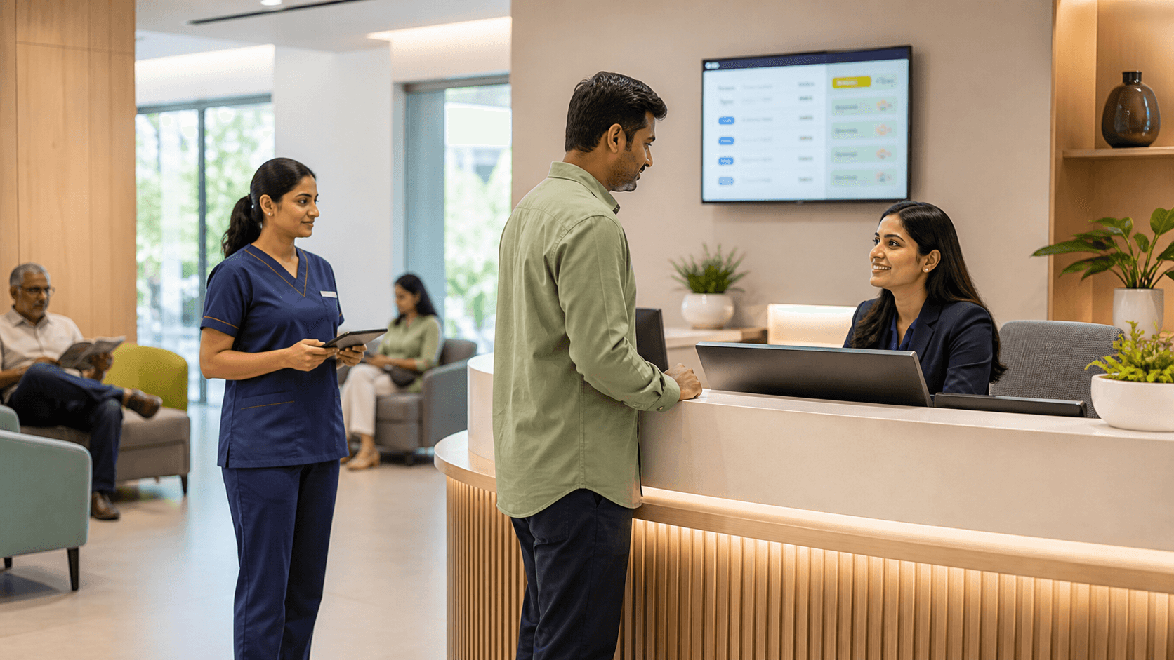 A visitor being assisted in a modern service environment